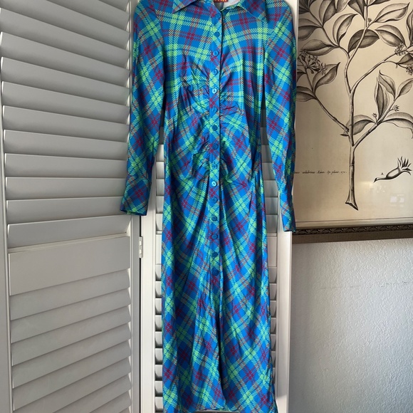KITRI Lennox Blue Check Ruched Shirt Dress - Size Small - Picture 4 of 14